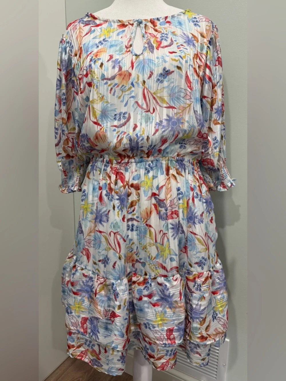 Melloday Floral Print Tiered Ruffle Mini Dress Smocked Waist Shimmer Large - Picture 1 of 10